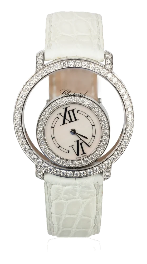 Chopard Ref. 20-7229-20-WDLL, mother-of-pearl dial, diamond-set bezels and lugs; “Happy Diamonds – Happy Time”; 18K white gold and diamonds (“ ”) kol saati