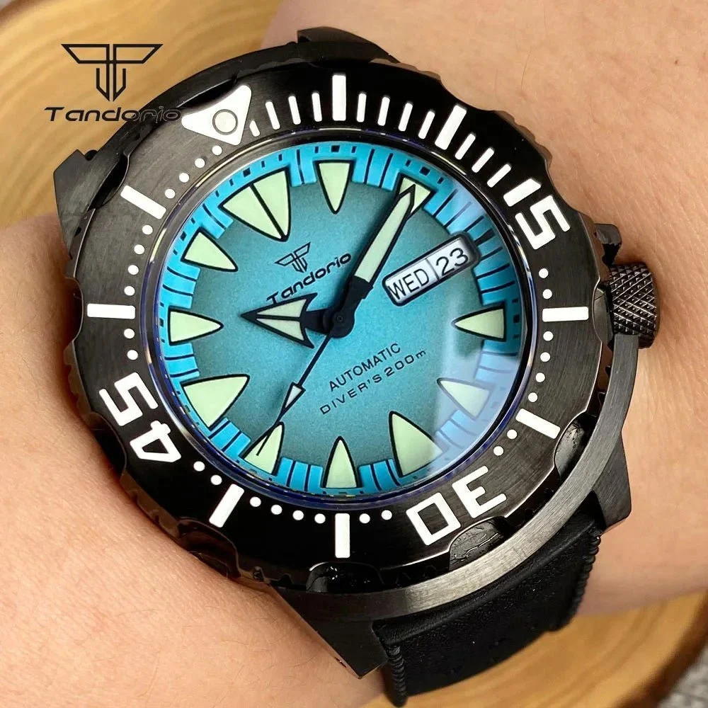 Tandorio Monster 20Bar Diver Black PVD Automatic Sapphire TD224 14:10#yellow 1-with logo 42 mm kol saati