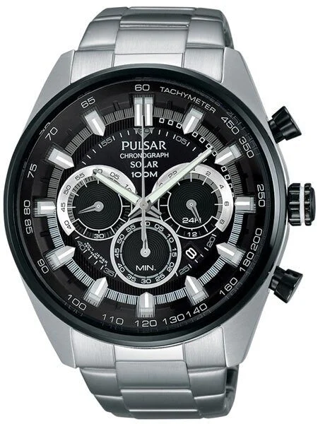 Pulsar Solar Quartz Chronograph Watch with Stopwatch and 24-Hour Sub-Dial #PX5033 kol saat