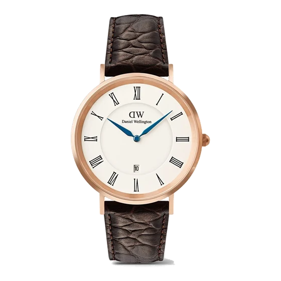 DANIEL WELLINGTON Classic Roman Numerals Date Dark Brown Croc Belly Rose G DW00100913 DW00