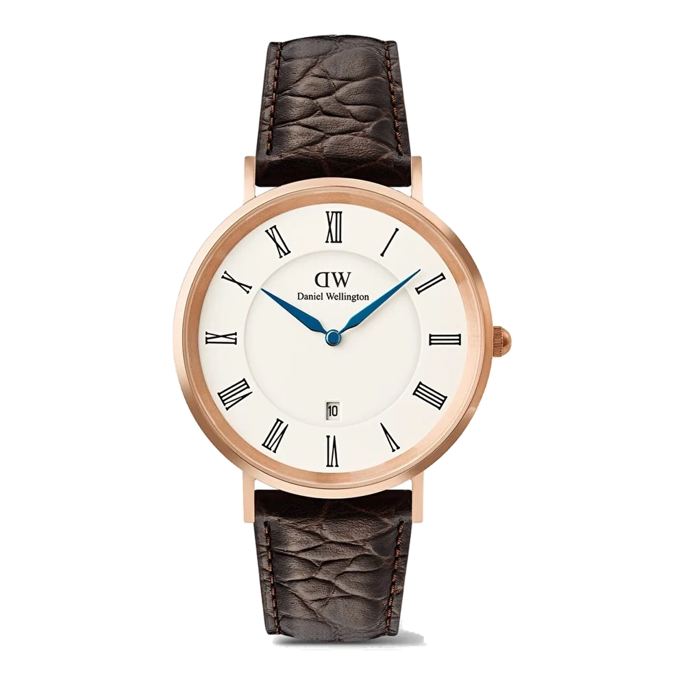 DANIEL WELLINGTON Classic Roman Numerals Date Dark Brown Croc Belly Rose G DW00100913 DW00600913 40 mm kol saati