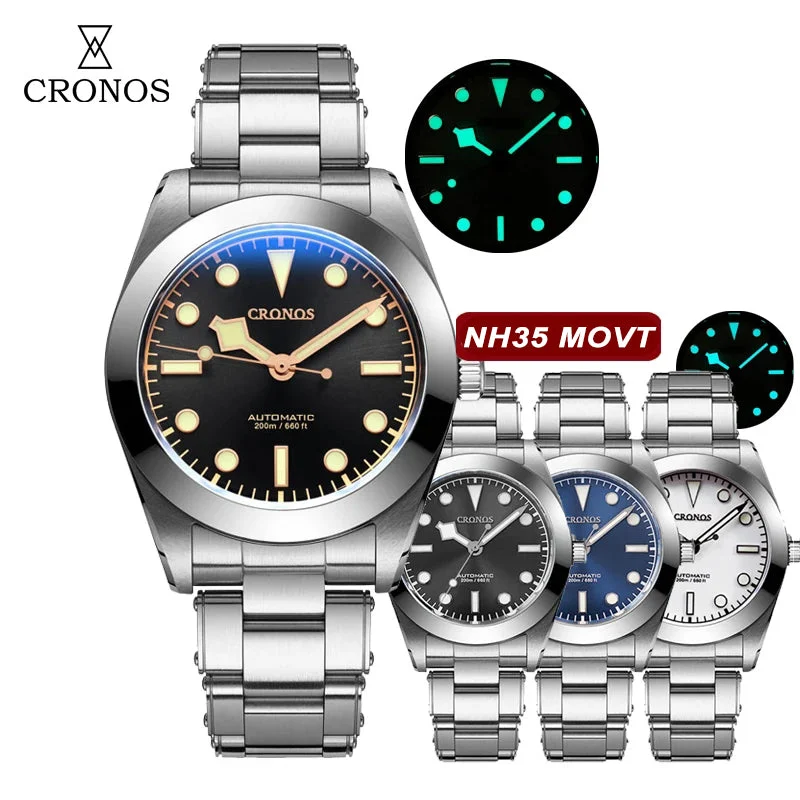 Cronos Watch Store Cronos BB39 NH35 Snowflake Automatic Men Watch L6025-Riveted bracelet 复古黑盘NH35-770 48.3 mm kol saati