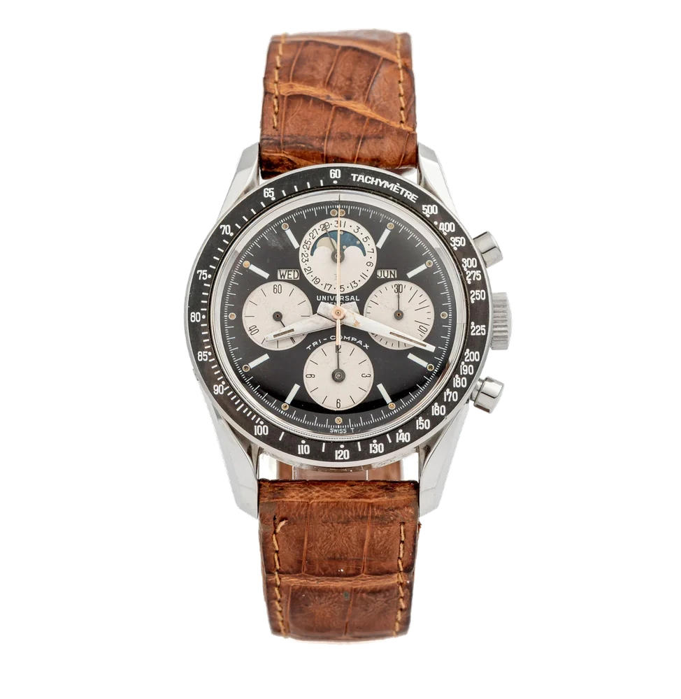 Universal Ref. 222 1 02 / 2, chronograph, minute and hour counters, triple date à guichets (with apertures), moon phases, calibre 281; “Tri-Compax”; stainless steel kol saati