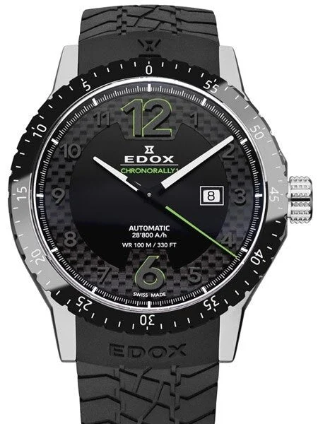 EDOX Chronorally Swiss Automatic Sport Watch with Carbon Fiber Ringed Black Dial #80094-3N