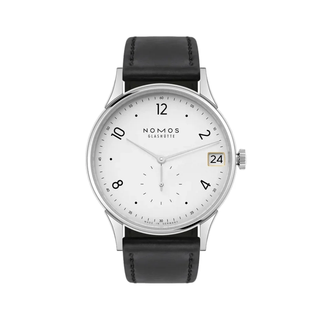 NOMOS Glashütte Minimatik Date 39mm - White Silver-Plated on Leather Strap 1250 39 mm kol saati