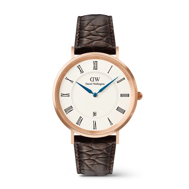 DANIEL WELLINGTON Classic Roman Numerals Date Dark Brown Croc Belly Rose Gold DW00100913 k