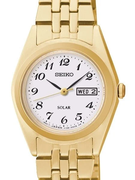 Seiko Goldtone Solar Dress Watch with White Dial, Black Hands and Markers #SUT118 26 mm kol saati
