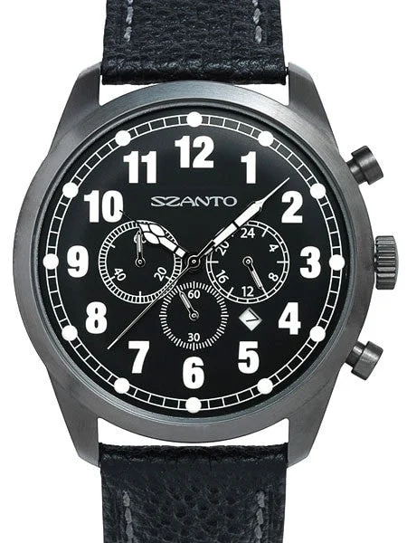 Szanto Black Ion Plated Vintage Inspired Chronograph Watch, 24-Hr Sub-Dial #2001 46 mm kol saati