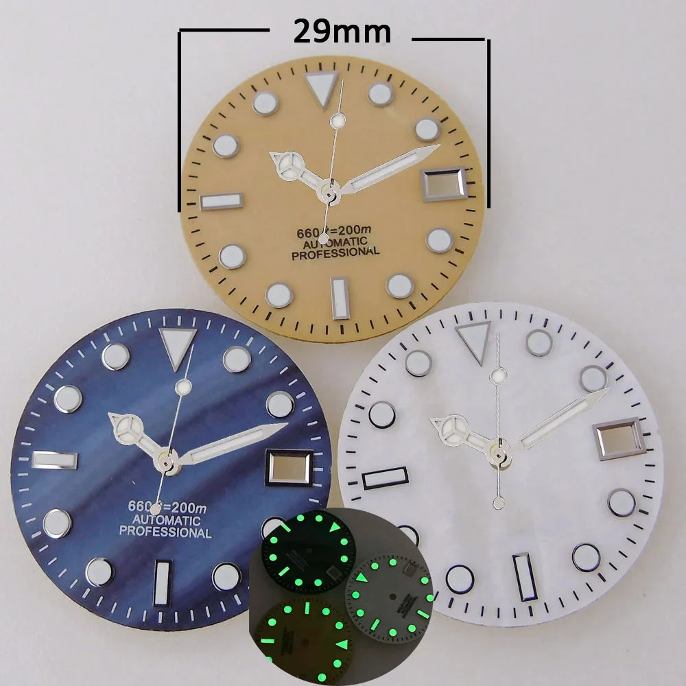 Tandorio SUB MOP Watch Dial 29mm for NH 35 NH 36 D iver Watch Parts Black/Orange/White 3.8/3 dial feet Green Luminous 14:29#A orange dial hand 29 mm kol saati