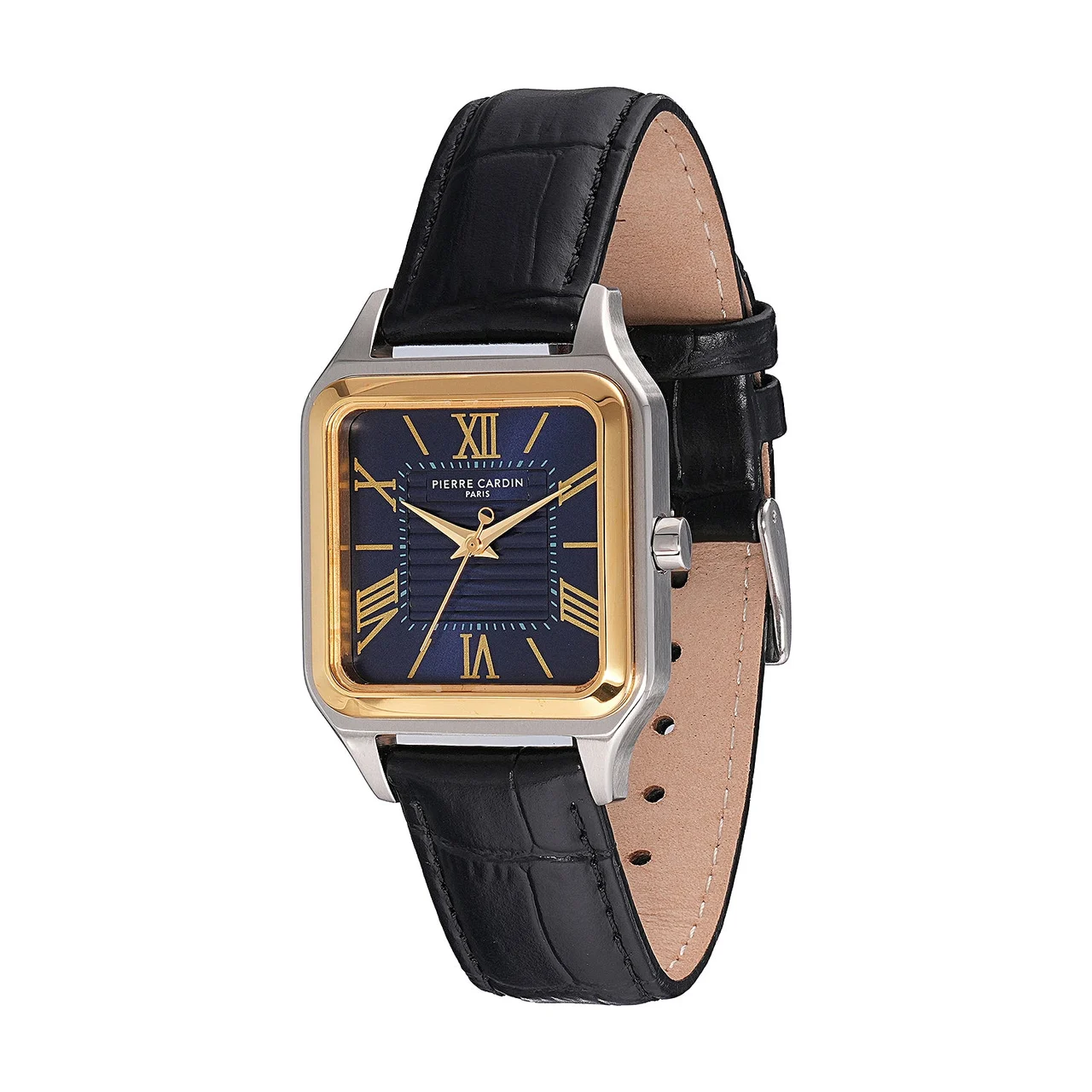 Ménilmontant Carré Men’s Square Watch - Two-Tone Gold & Silver Case, Blue Dial with Black Leather Strap CF.1006.LB.2 31.4 mm kol saati