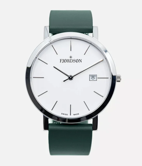 Fjordson White Dial With Green Rubber Strap - Watch #9142 | White Dial With Green Rubber S