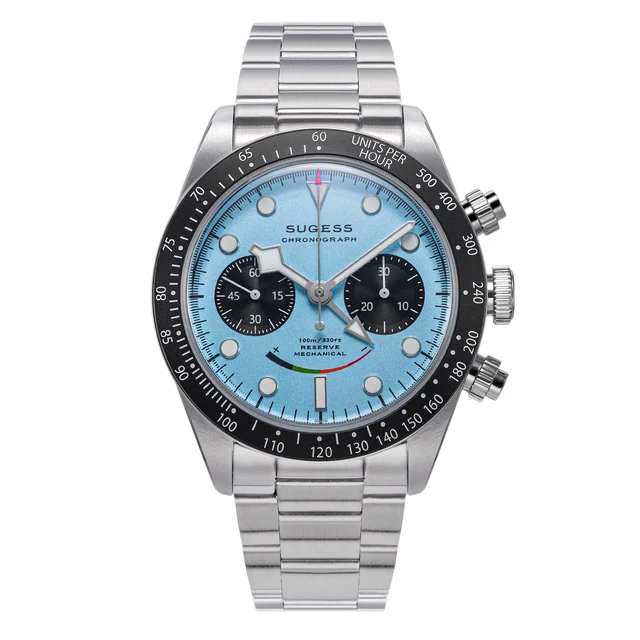 Sugess Chrono Heritage S475 Chronograph Power Reserve Smile Light Blue Panda Dial chrono-h