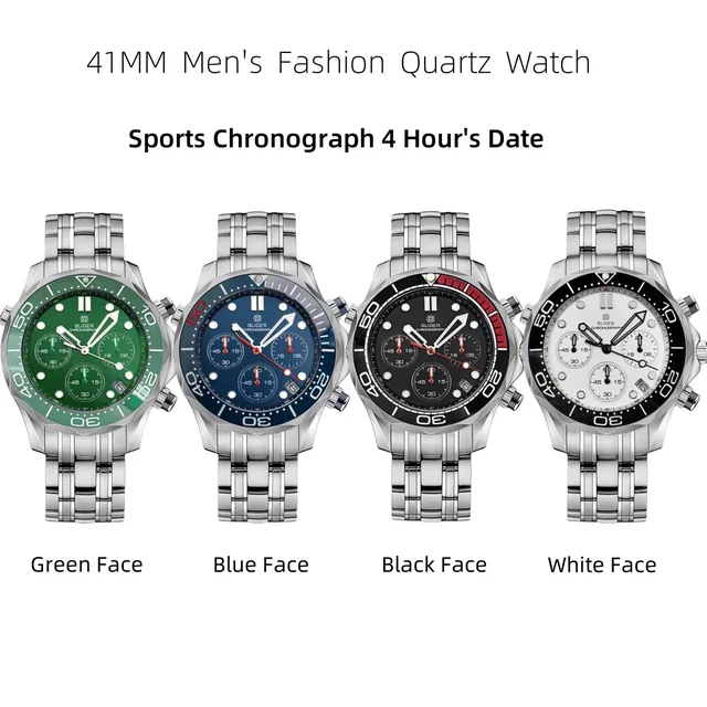 Tandorio Quartz VK63 Seamaster Chronograph Sapphire Glass Green Luminous 5ATM 588406568157