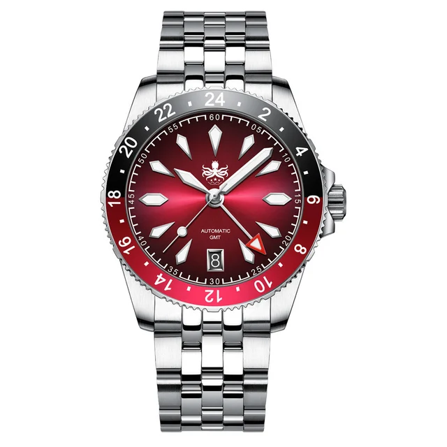 Phoibos Voyager GMT Automatic Watch with Burgundy Sunray Dial #PY058D kol saati