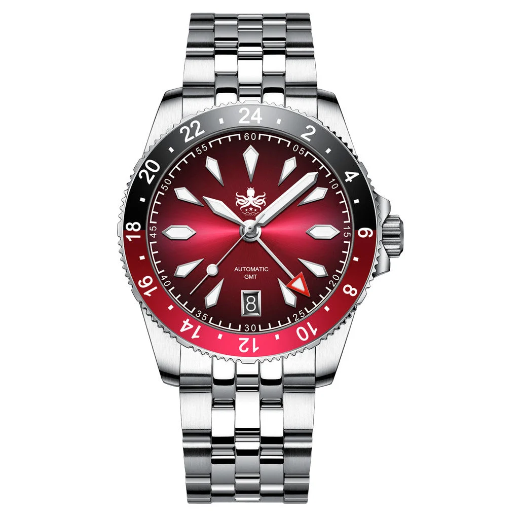 Phoibos Voyager GMT Automatic Watch with Burgundy Sunray Dial #PY058D kol saati