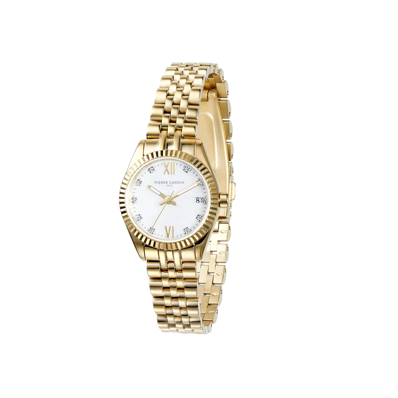 OPERA PLISSÉ Opera Gold Date Watch with Fluted Bezel and Crystals on a Mother of Pearl Dial Look COP.1008 28 mm kol saati