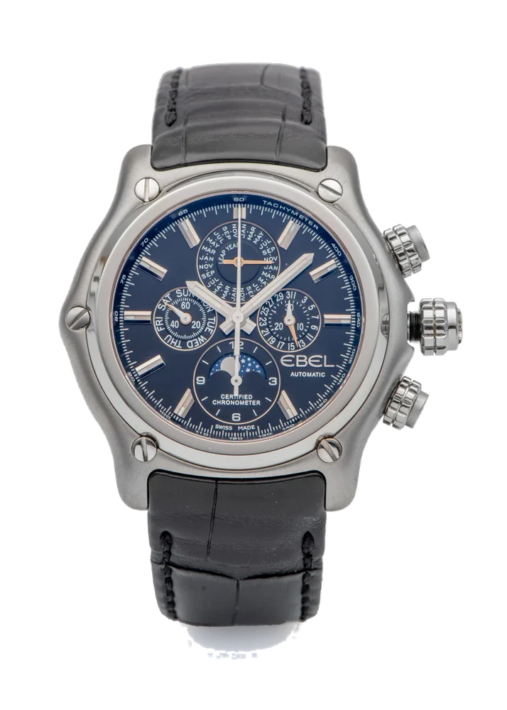 Ebel Ref. 9288L70, large self-winding, chronograph, minute and hour counters, bissextile perpetual calendar, moon phases; stainless steel kol saati