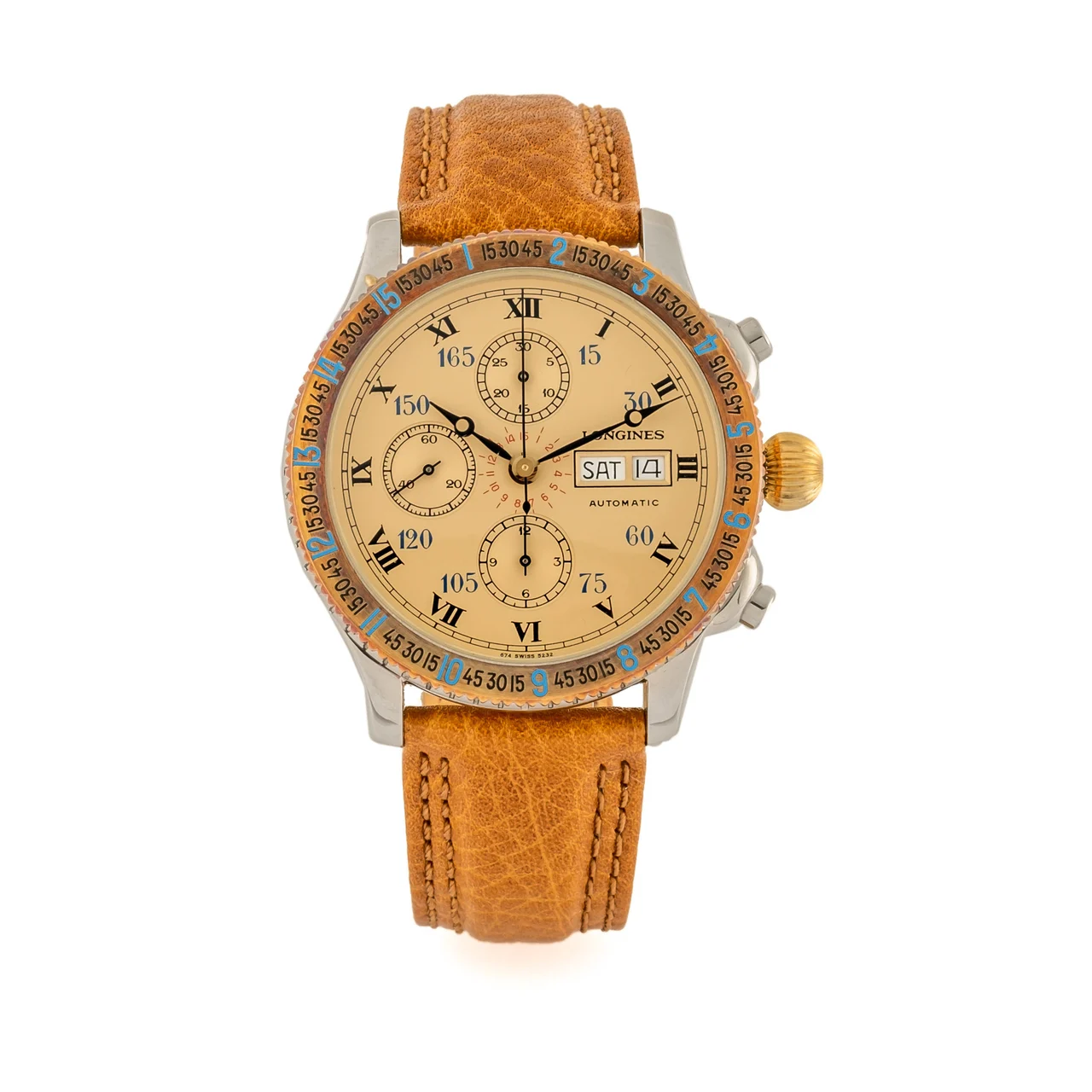 Longines Ref. 674.5232, self-winding, chronograph, minute and hour counters, date, day, Hour-Angle, calibre Valjoux 7750; “Hour Angle Watch Designed by Col. Charles A. Lindbergh”; “Replica” limited edition; stainless steel and gilded stainless steel kol saati