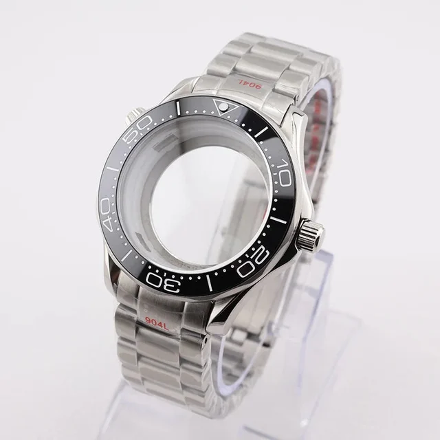 Tandorio Seamaster Watch Case NH35 Stainless Steel Mineral/Sapphire Glass Black Ceramics B