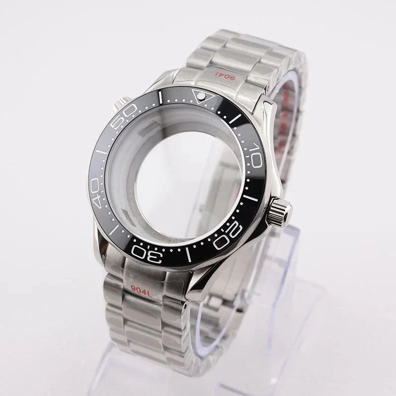 Tandorio Seamaster Watch Case NH35 Stainless Steel Mineral/Sapphire Glass Black Ceramics Bezel Insert with Bracelet for Seiko Mod Seamaster Build Parts sc1 42 mm kol saati