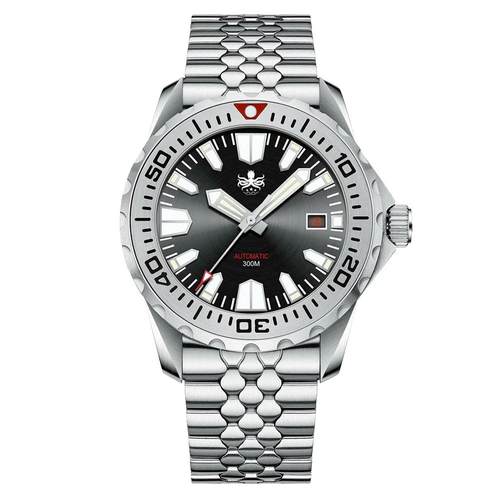 Phoibos Kraken 300 Meter Automatic Dive Watch with Black & Silver Dial #PY033C 41 mm kol saati