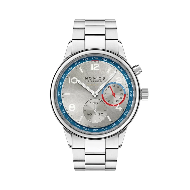 NOMOS Glashütte Club Sport Neomatik Worldtimer 40mm - Silver and Blue on Bracelet 791 kol 
