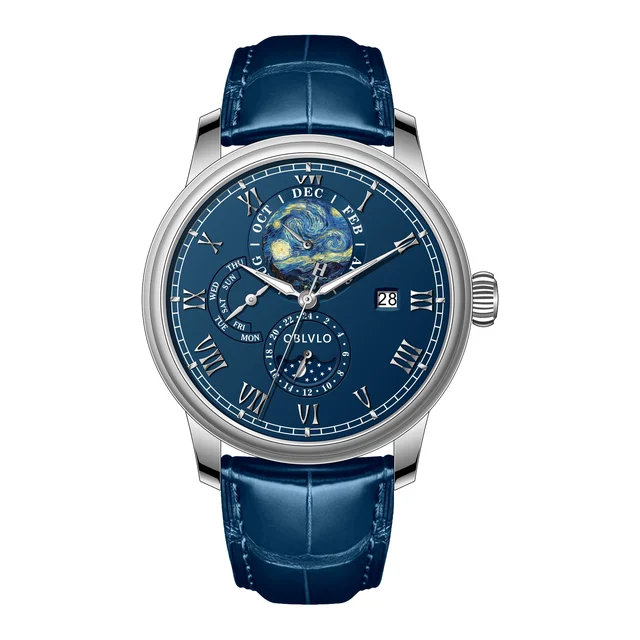 OBLVLO Leather Strap ,Blue Dial AM-FG-YLLL AM Series,42mm,Blue Leather Strap ,Blue Dial AM