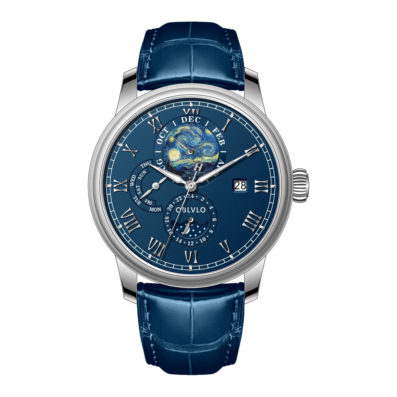 OBLVLO Leather Strap ,Blue Dial AM-FG-YLLL AM Series,42mm,Blue Leather Strap ,Blue Dial AM-FG-YLLL 42 mm kol saati