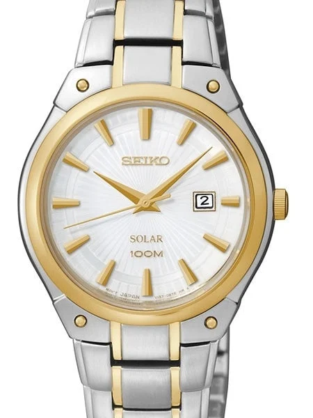 Seiko Two-Tone Solar Dress Watch with White Dial, Goltone Hands and Markers #SUT128 kol sa