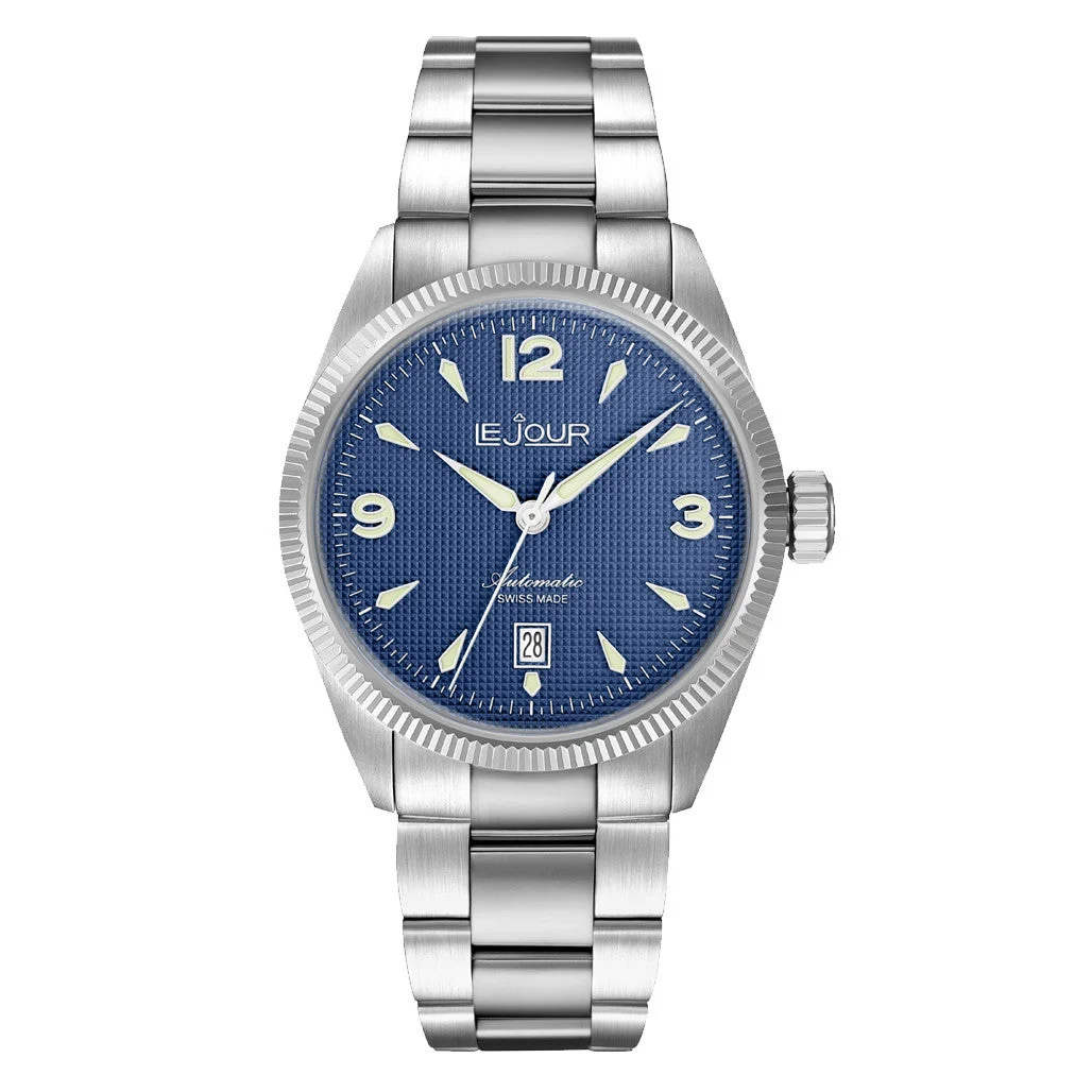 Le Jour Brooklyn Swiss Automatic Dress watch with Blue Hobnail Dial #LJ-BR-002 50 mm kol saati