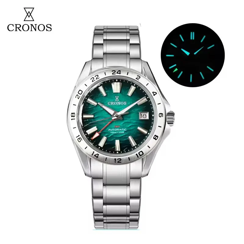 Cronos Watch Store Cronos 39mm GMT NH34 Mechanical Men Watch L6029 克诺时-L6029-NH34机芯-绿色-钢带-920 39 mm kol saati