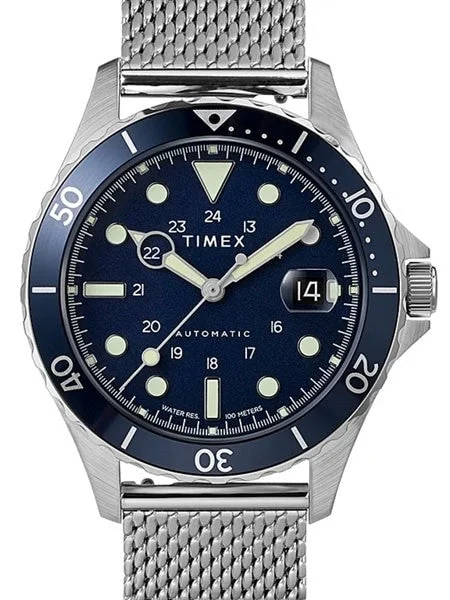 Timex Navi XL 21-Jewel Automatic Watch with Stainless Steel Mesh Bracelet and Blue Dial #T