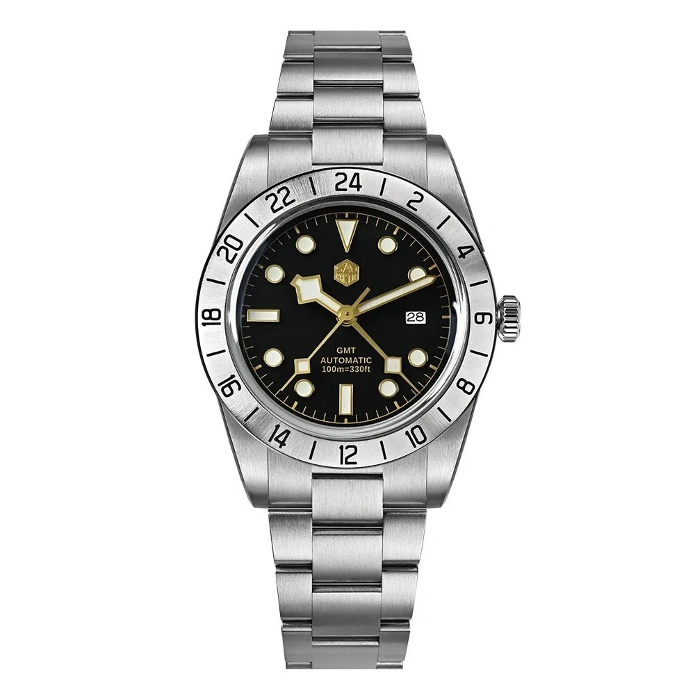 San Martin Automatic GMT Watch SN0054 圣马丁-SN0054F-黑面银钉-三株钢带 47.8 mm kol saati