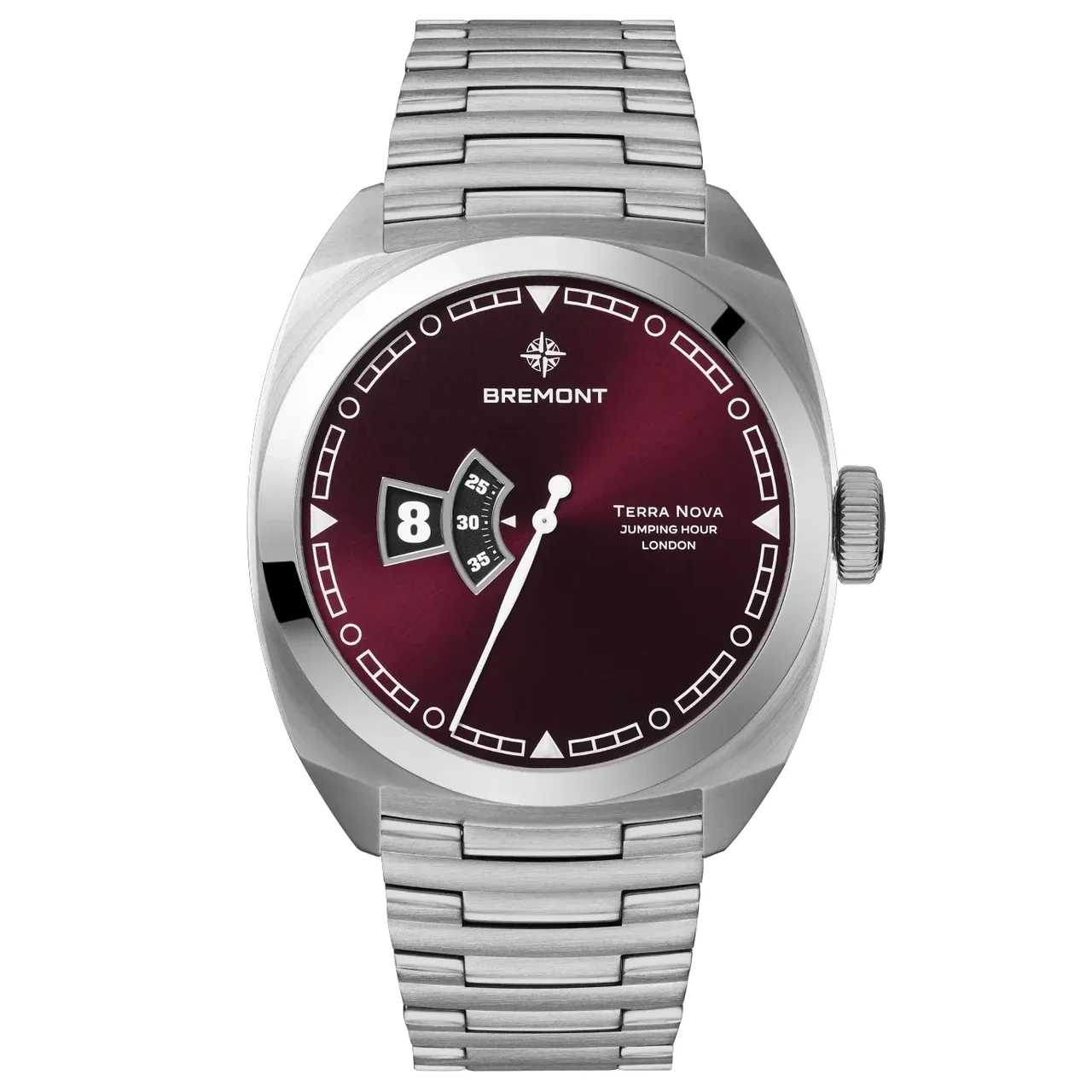 Bremont Terra Nova Jumping Hour Burgundy on Bracelet TN40-JH-SS-BG-B 40.5 mm kol saati