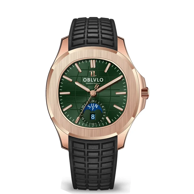 OBLVLO Rubber Strap,Rose Gold Bezel,Green Dial FM Series,39mm,Black Rubber Strap,Rose Gold