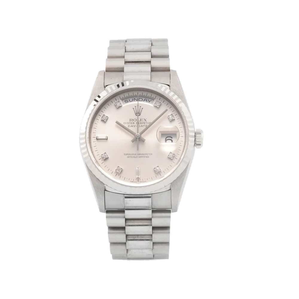 Rolex ROLEX, REF. 18239, DAY-DATE, DIAMOND DIAL, WHITE GOLD A fine, self-winding, 18k white gold wristwatch with day and date. 36 mm kol saati