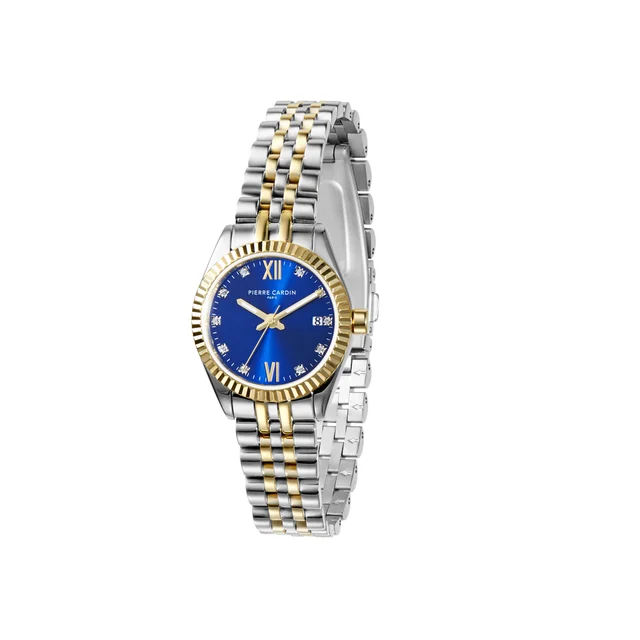 OPERA PLISSÉ Opera Two Tone Gold and Stainless Steel Date Watch with Fluted Bezel and Crys