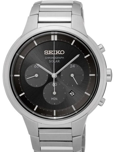 Seiko Black Dial, Solar Chronograph with Stopwatch and 24-Hour Sub-Dial #SSC439 kol saati