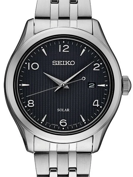 Seiko Solar Watch with 42mm Stainless Steel Case and Patterned Black Dial #SNE489 42 mm kol saati