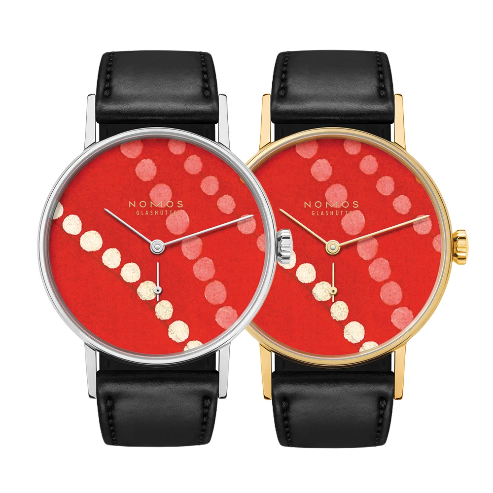 NOMOS Glashütte Twice Unique "Rive Gauche" Ludwig Steel and Gold 35mm - Red on Leather Strap 205211TU1 35 mm kol saati