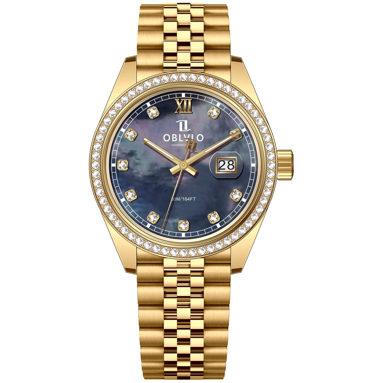 OBLVLO bezel,Gold Steel Strap ,Black Dial RX RX Series,39mm,diamond bezel,Gold Steel Strap ,Black Dial RX 39 mm kol saati