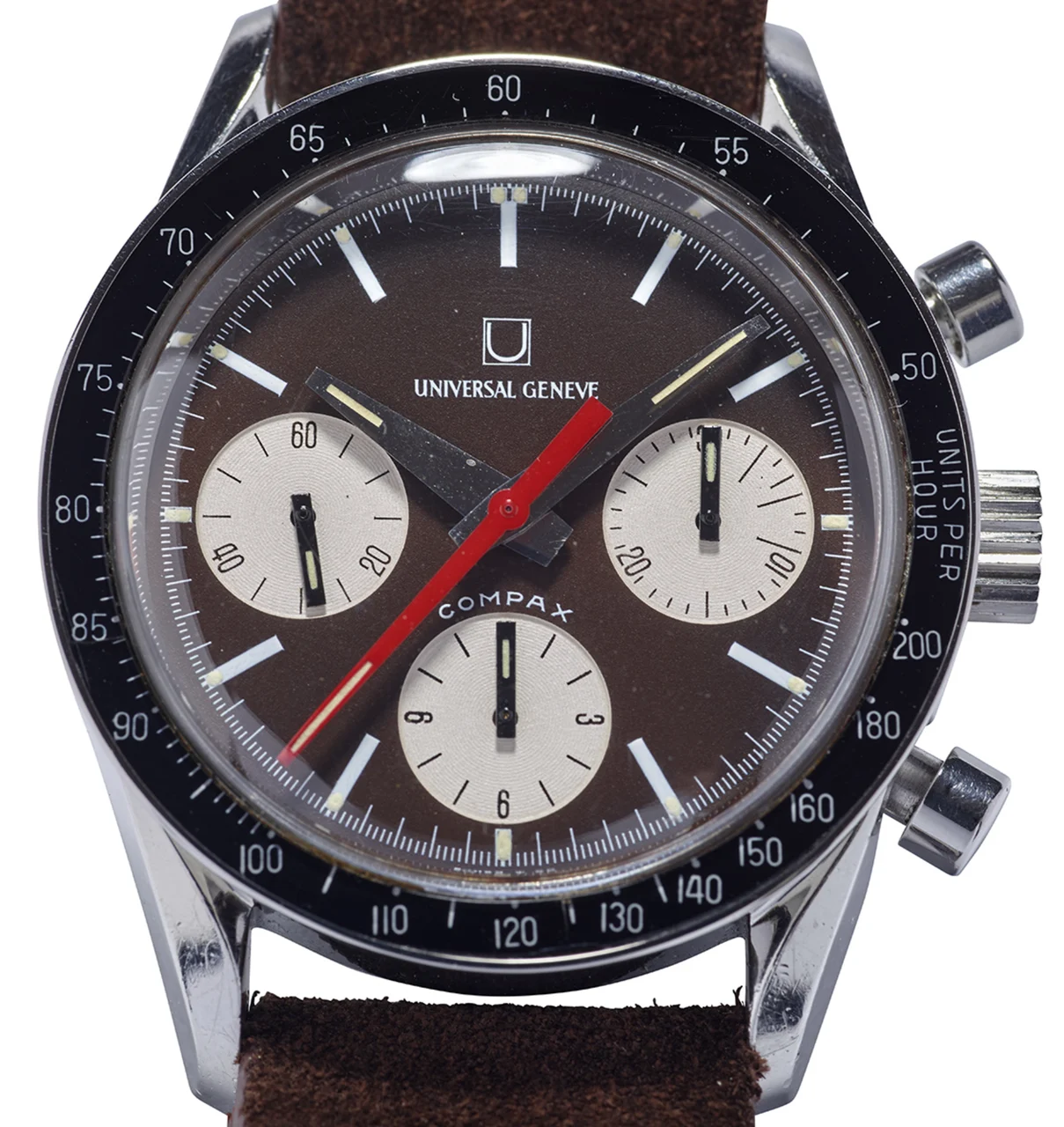 Universal Compax UNIVERSAL COMPAX, REF. 885103/01, “EVIL NINA RINDT” CHRONOGRAPH, TROPICAL DIAL, STAINLESS STEEL WITH BAKELITE BEZEL, NEVER POLISHED, ORIGINAL WARRANTY kol saati
