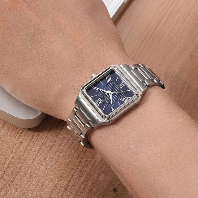 Ménilmontant Carré Men’s Square Watch - Silver Case, Blue Dial with Silver Metal Strap CF.