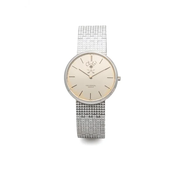 Universal Ref. 342002 / 1425, extra-thin, integrated bracelet, silver dial with “Saudi Ara