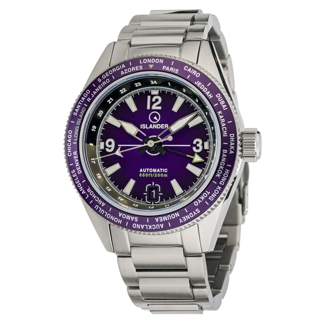 Islander Calabro GMT World Time Watch with Purple Dial #ISL-243 kol saati