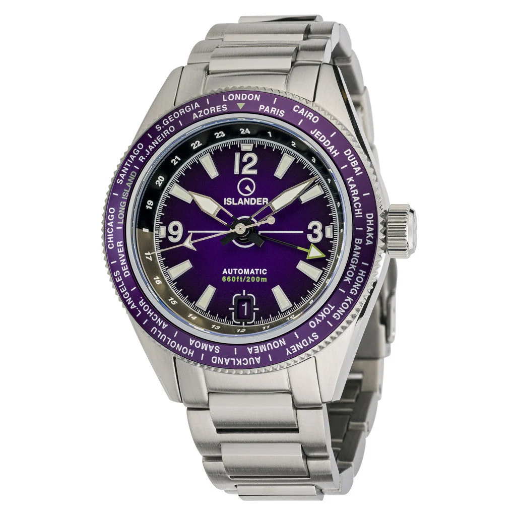 Islander Calabro GMT World Time Watch with Purple Dial #ISL-243 40 mm kol saati