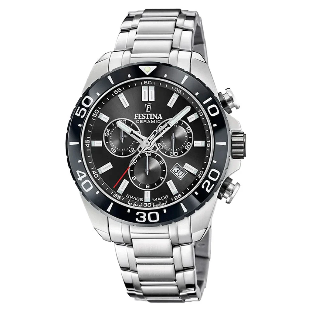 Festina Swiss Made Chronograph with Ceramic Bezel and Black Dial #F20042-4 kol saati