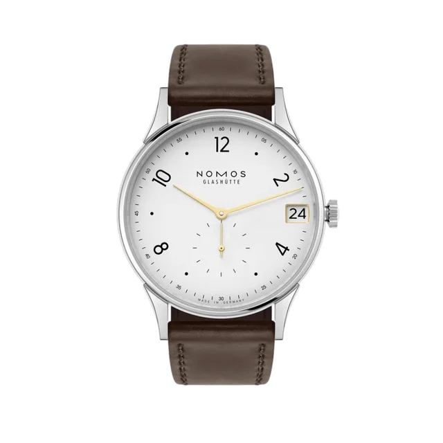 NOMOS Glashütte Minimatik Date Gold Hands 39mm - White Silver-Plated on Leather Strap 1251