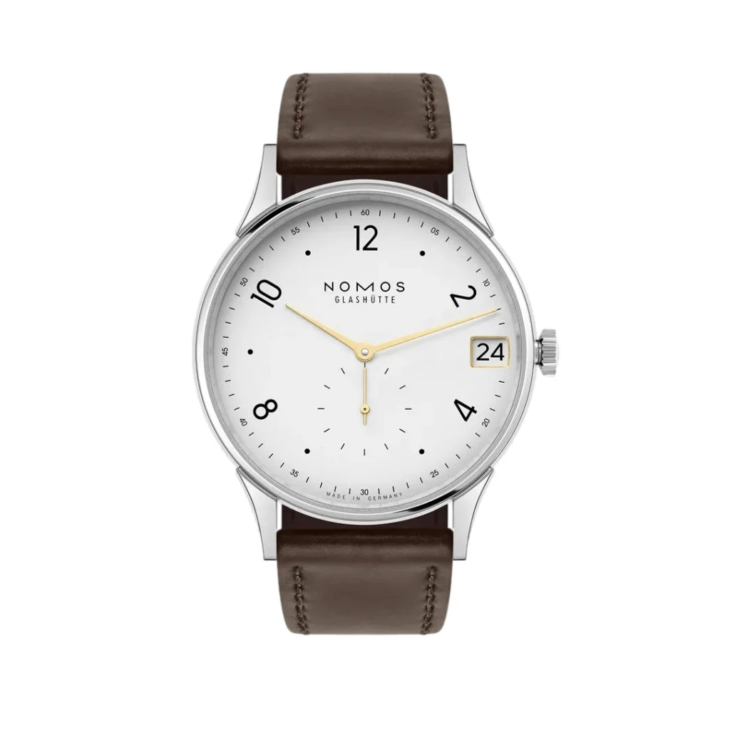 NOMOS Glashütte Minimatik Date Gold Hands 39mm - White Silver-Plated on Leather Strap 1251 39 mm kol saati