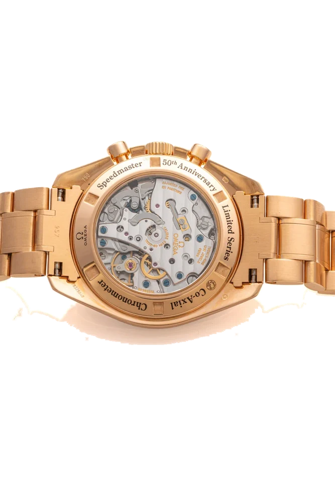 OMEGA OMEGA, REF. 311.63, SPEEDMASTER, 50TH ANNIVERSARY, BLACK ENAMEL DIAL, PINK GOLD kol saati